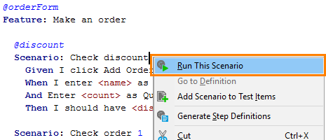 Running BDD tests from the Gherkin editor